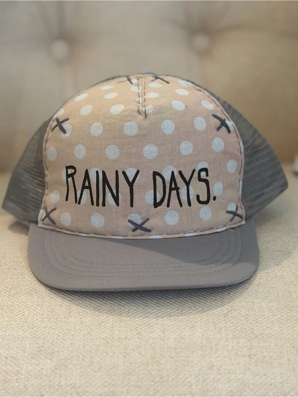 Rainy Days Hand Made, Hand Painted Trucker Hat - Gray